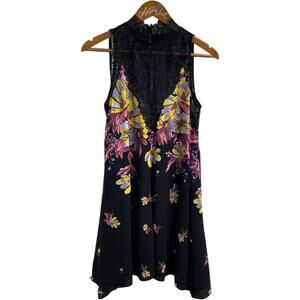 Intimately Free People Black Floral Mini Dress Hi Neck Lace Small